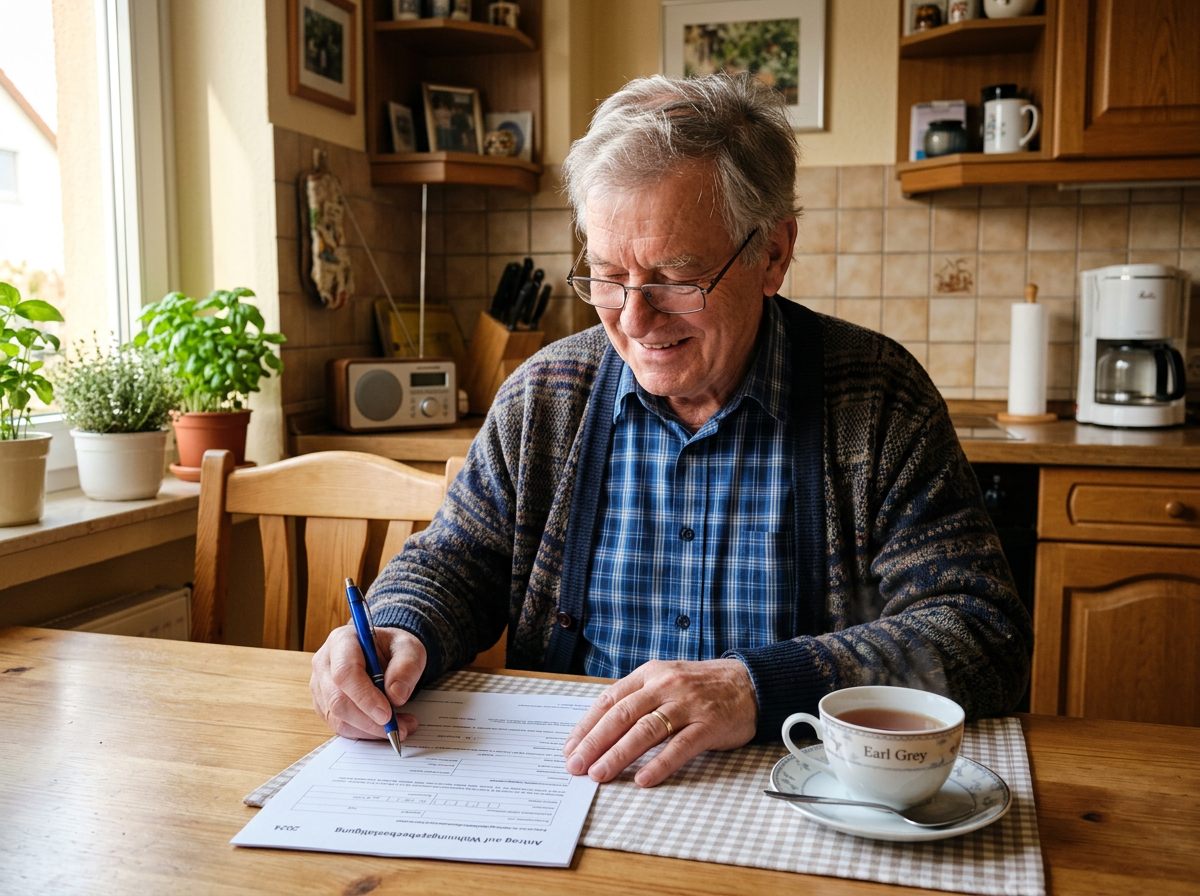 Senior füllt den Antrag auf Kostenübernahme am Küchentisch aus